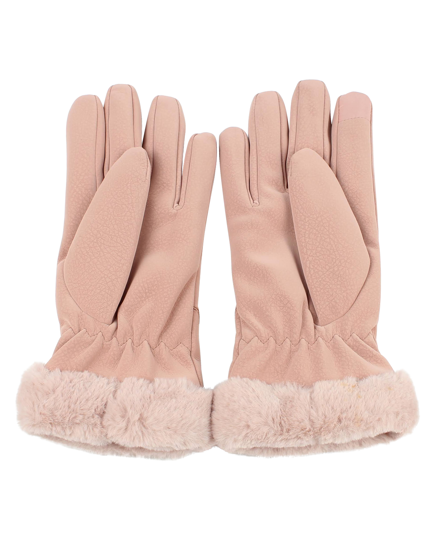 Pair of pink gloves with fur trim on a white background