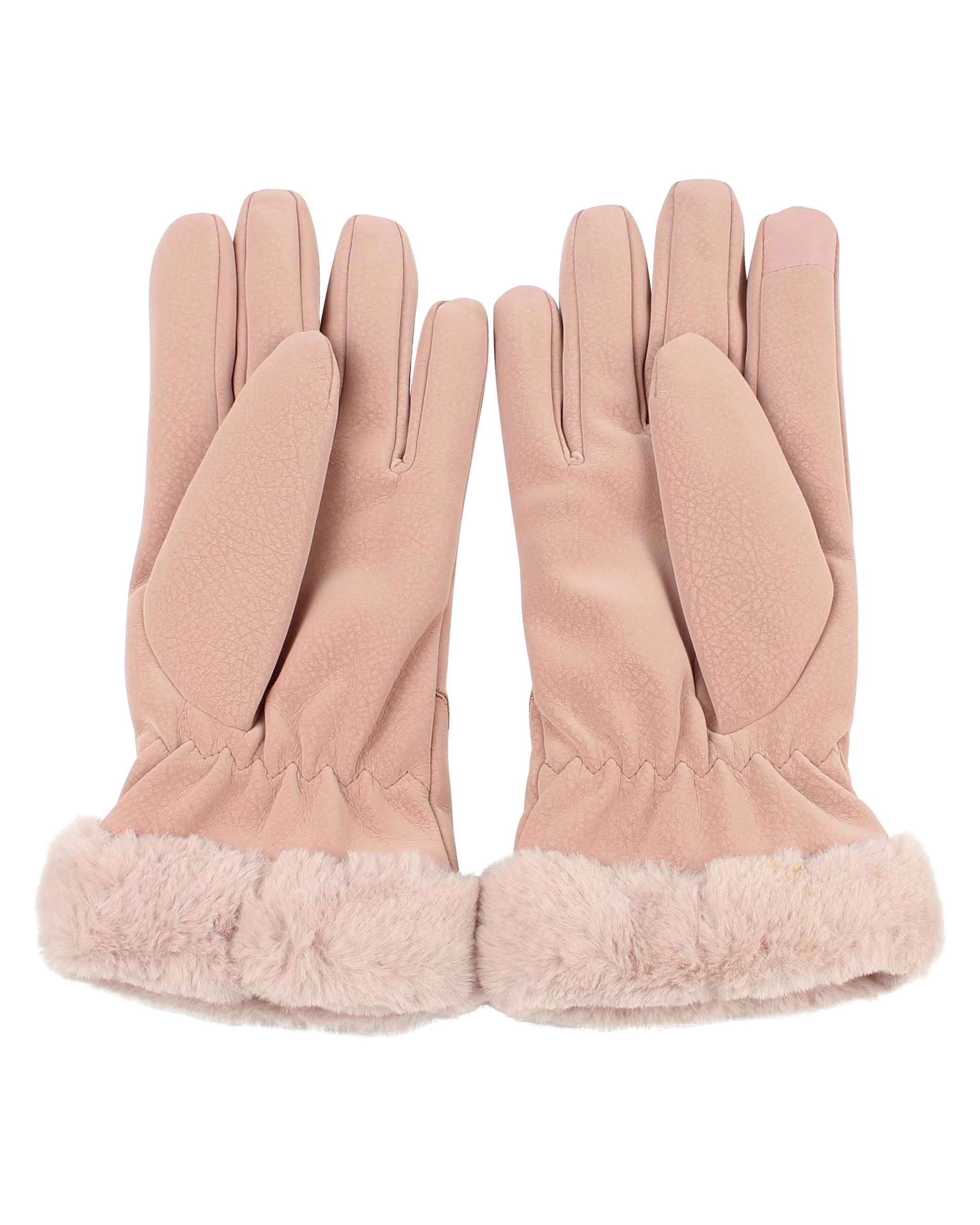 Pair of pink gloves with fur trim on a white background