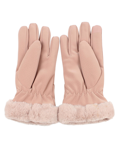 Pair of pink gloves with fur trim on a white background