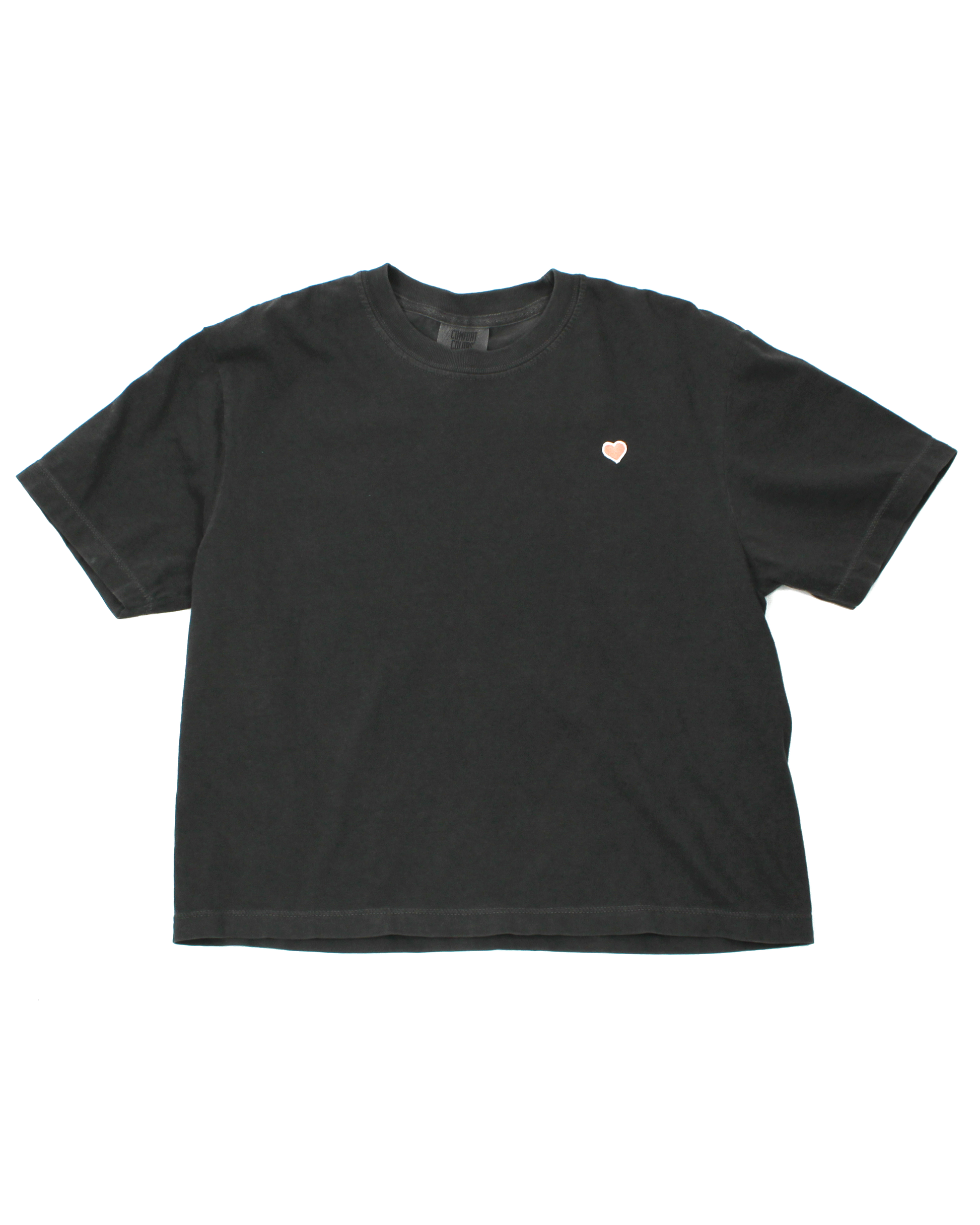 dark grey t-shirt with pink heart on left chest