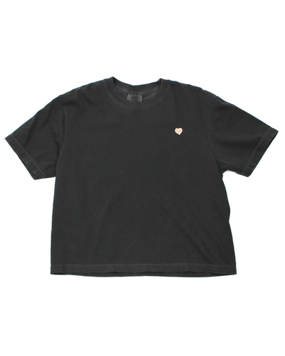 dark grey t-shirt with pink heart on left chest