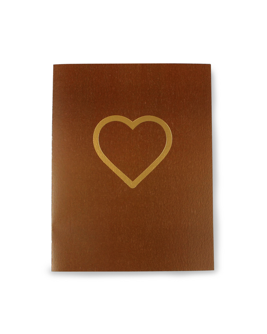 Brown card with a gold heart design on a white background