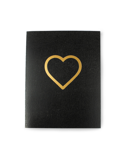 Black card with a gold heart design on a white background