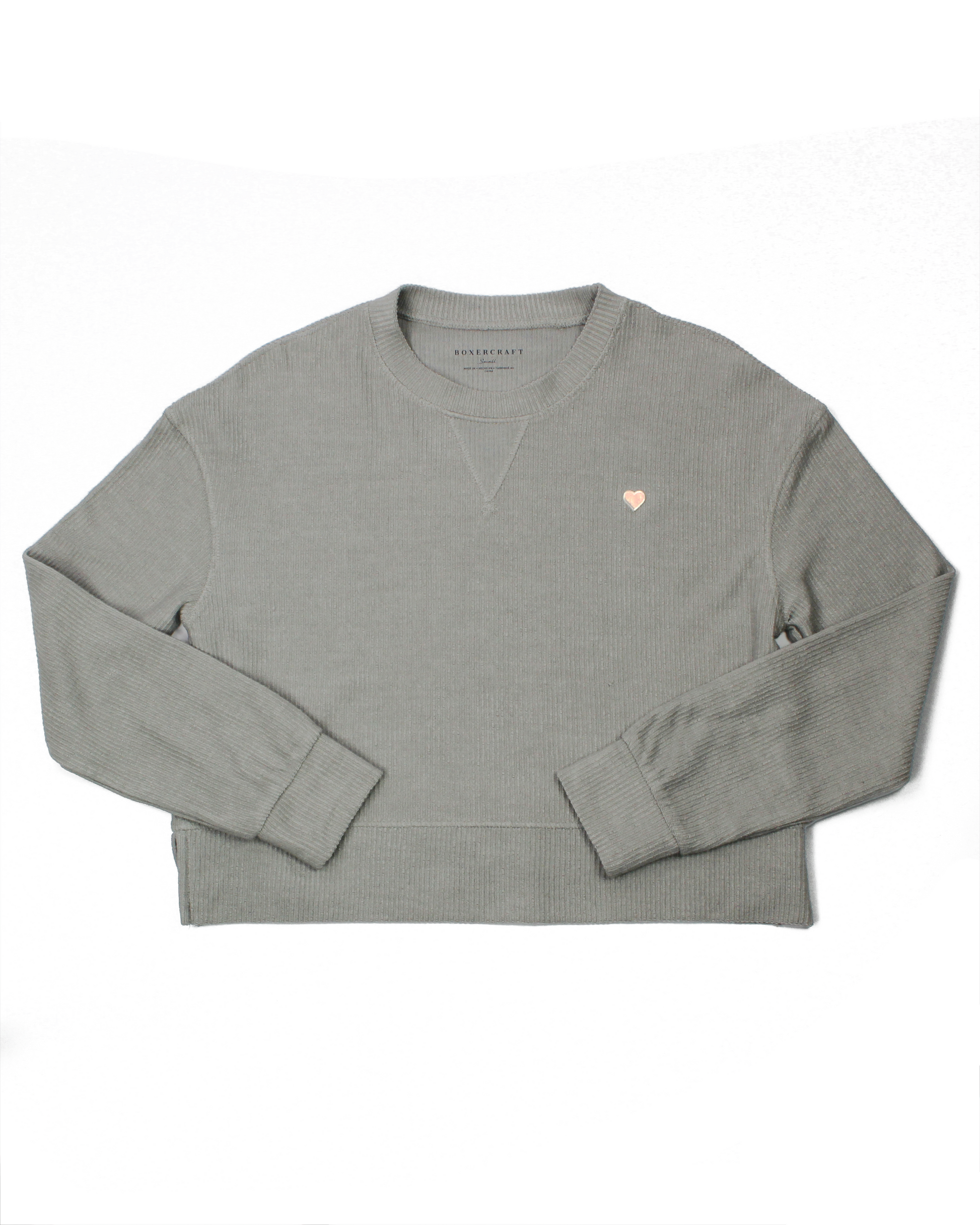 Gray sweatshirt with a small heart logo on a white background