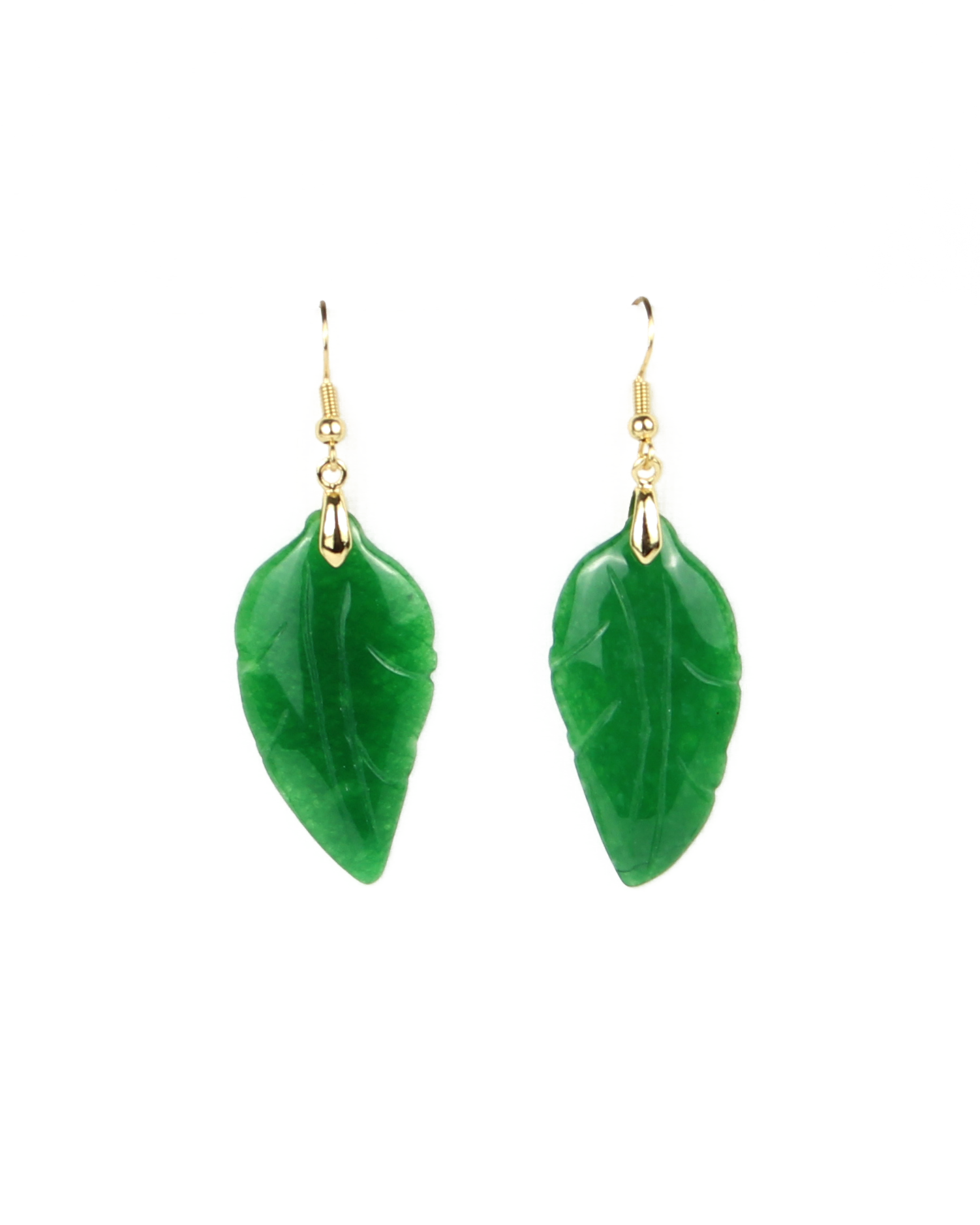 Green leaf-shaped earrings on a white background
