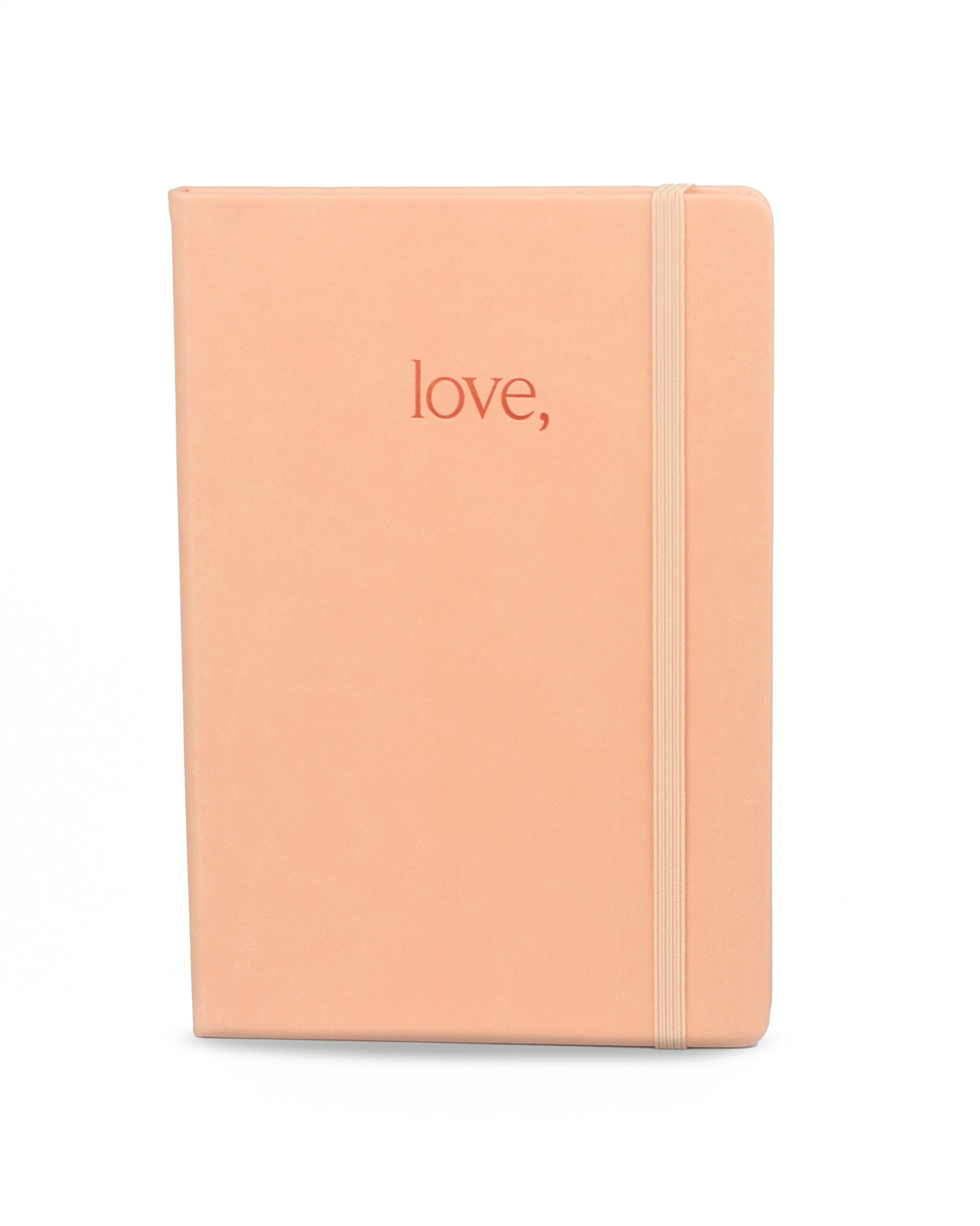 Coral-colored journal with 'love,' text on a white background