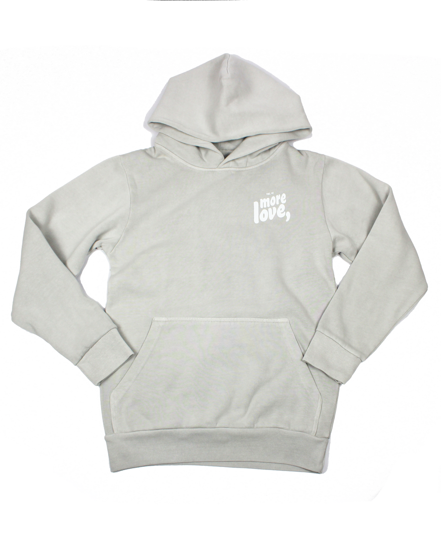 grey hoodie on a white background with text more love,
