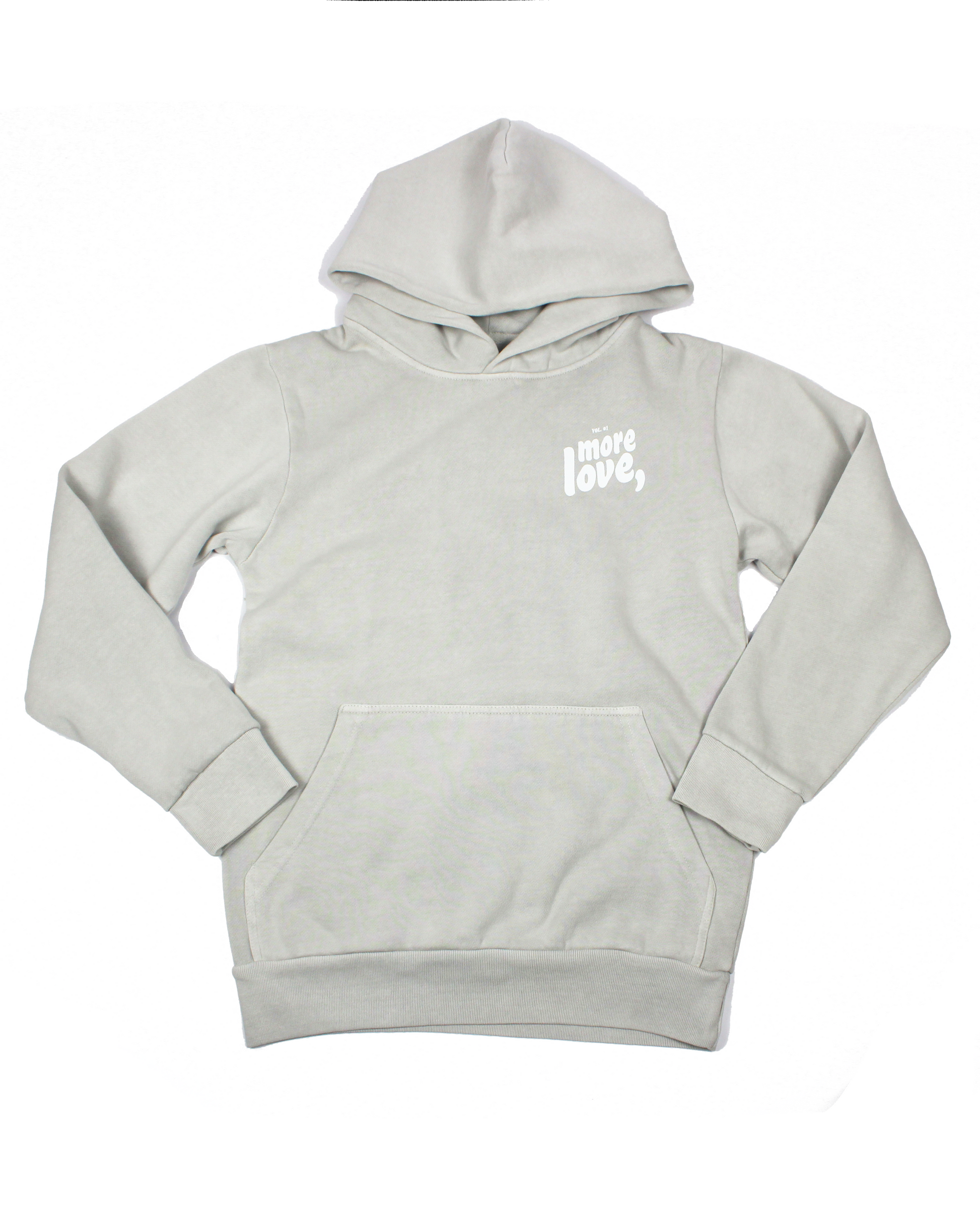 grey hoodie on a white background with text more love,
