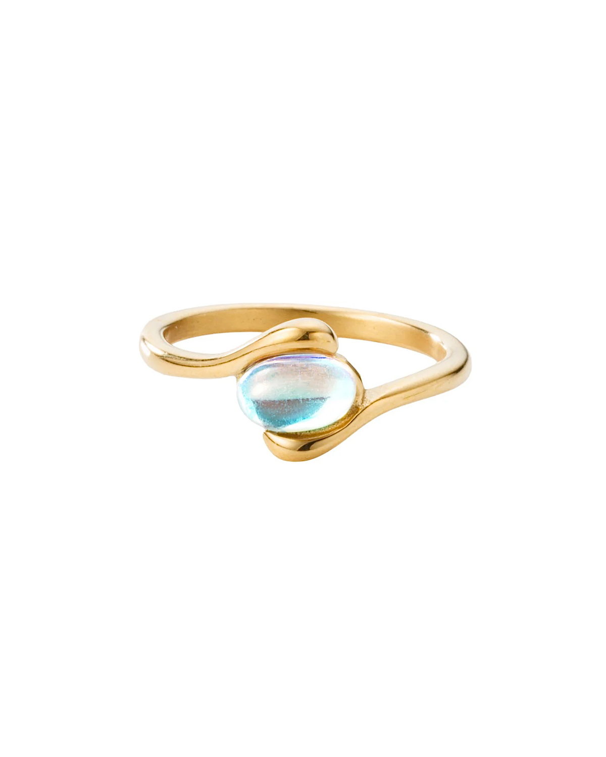 A gold-plated shift ring featuring a smooth, oval-shaped iridescent cabochon gemstone that shifts between light blue and soft green, set against a plain white background.