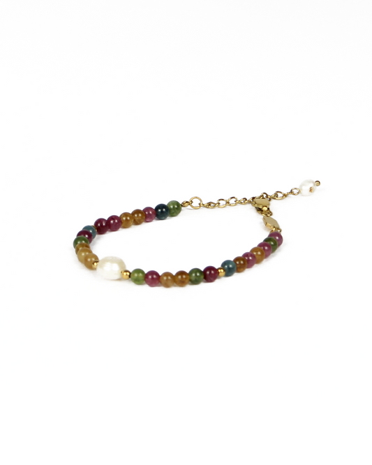 Multicolored beaded bracelet on a white background