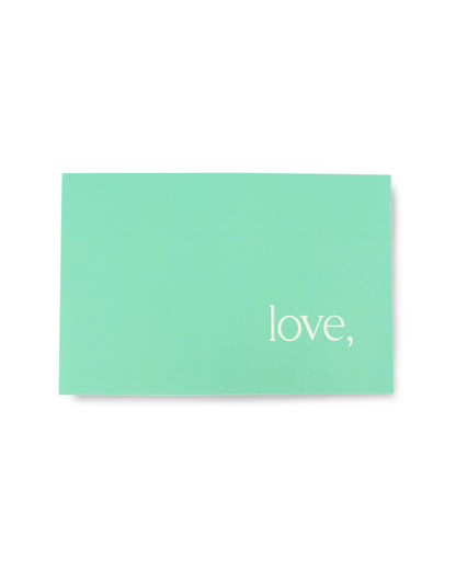 Mint green card with 'love,' text on a white background