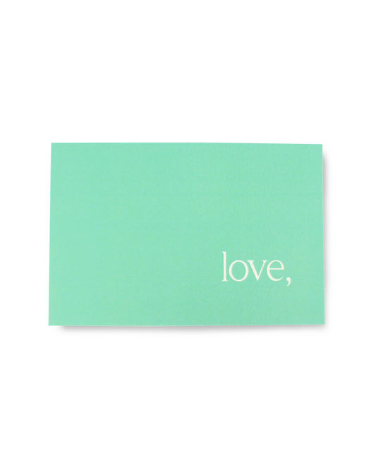 Mint green card with 'love,' text on a white background