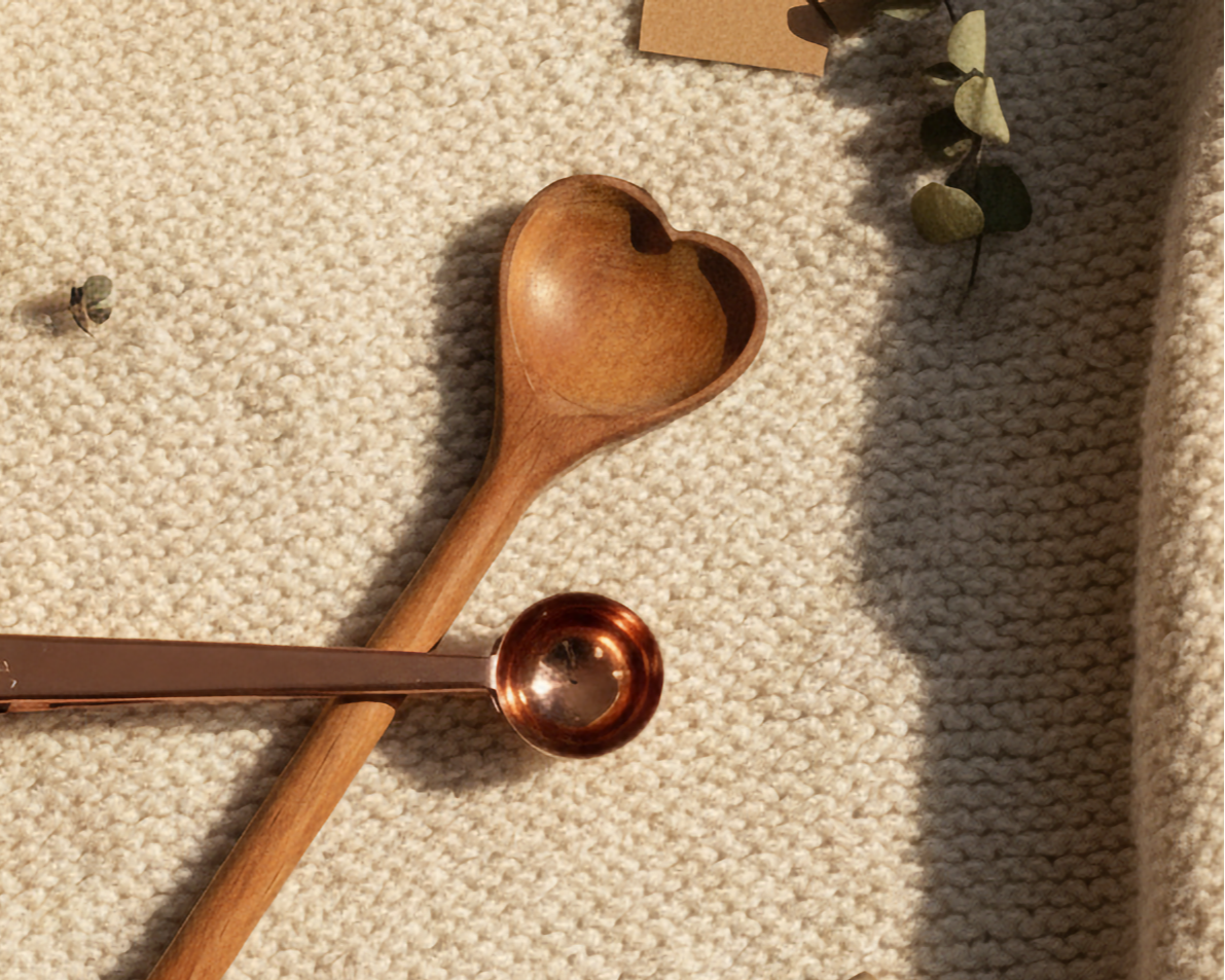 Wooden measuring spoons and a heart-shaped spoon on a textured surface with a tag and ribbon.