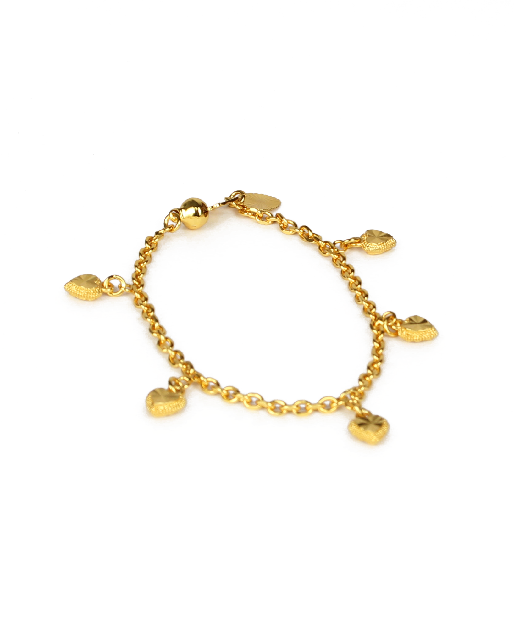 Gold bracelet with heart-shaped charms on a white background