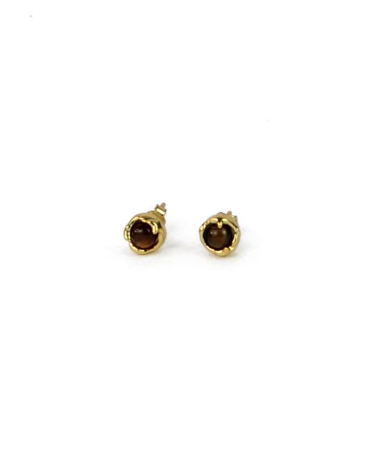 Gold earrings with brown gemstones on a white background