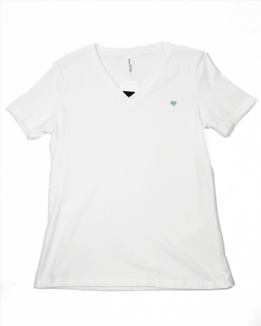white vneck tee with heart patch on chest